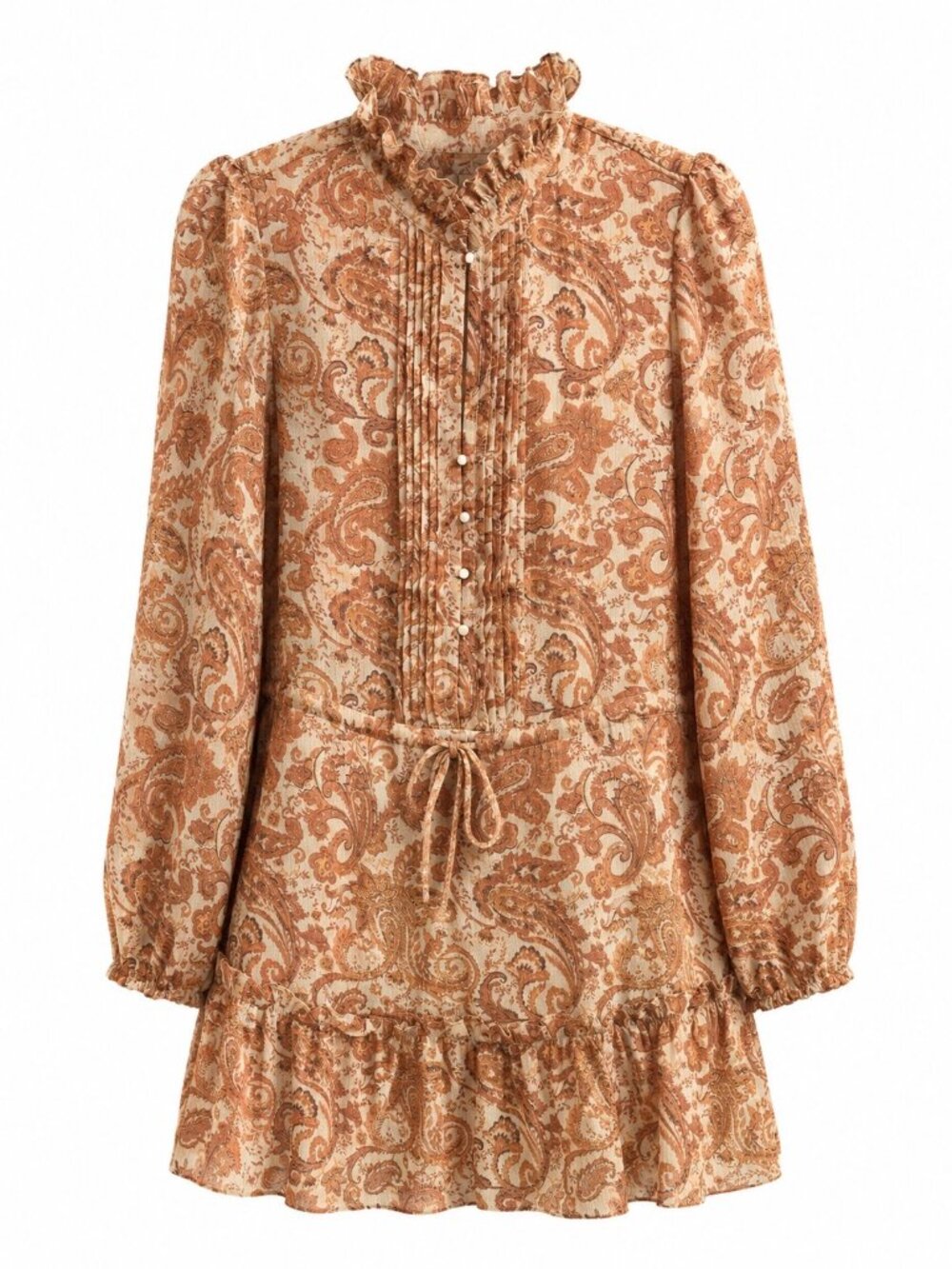 Vintage-Inspired Floral Paisley Long-Sleeve Mini Dress W/ Ruffle Collar Pleated